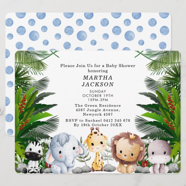 Trendy Greenery Jungle Safari Animals Baby Shower  Invitation (Front/Back)