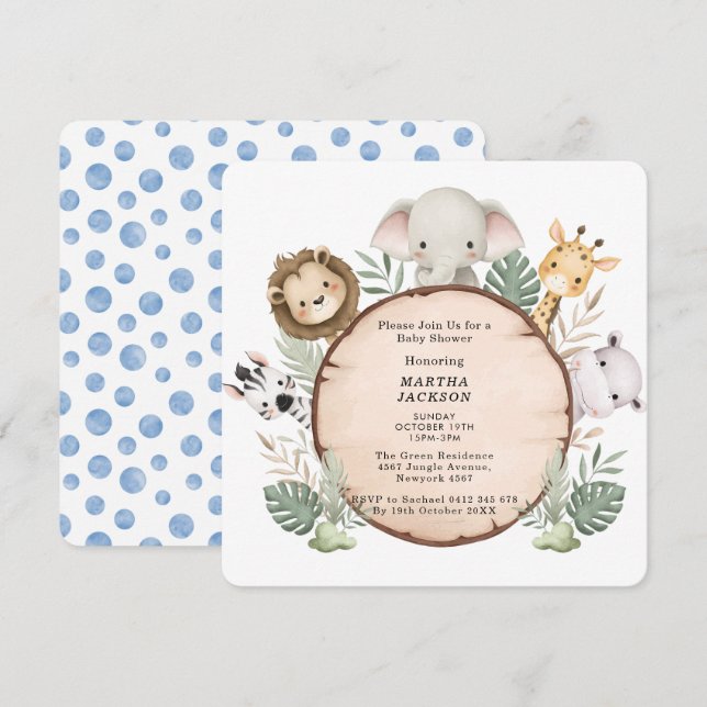 Trendy Greenery Jungle Safari Animals Baby Shower Invitation (Front/Back)