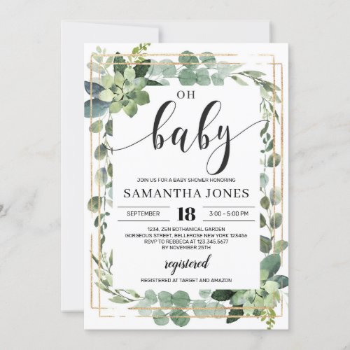 Trendy greenery succulent floral oh baby shower invitation