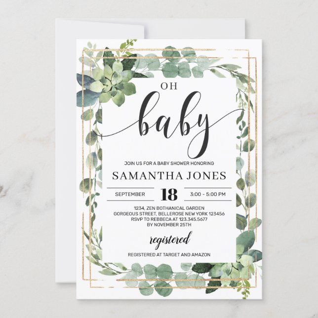 Trendy greenery succulent floral oh baby shower invitation (Front)
