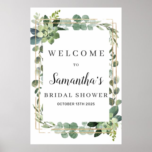 Trendy greenery succulent gold bridal welcome sign (Front)