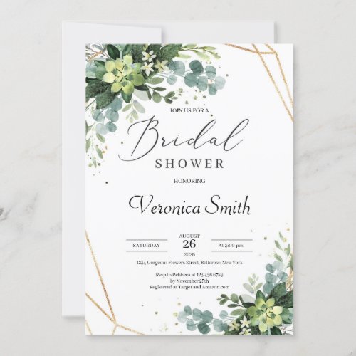 Trendy greenery succulent gold frame bridal shower invitation