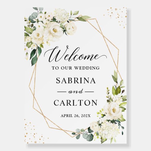 Trendy Greenery White Floral Wedding Welcome Foam Board | Zazzle