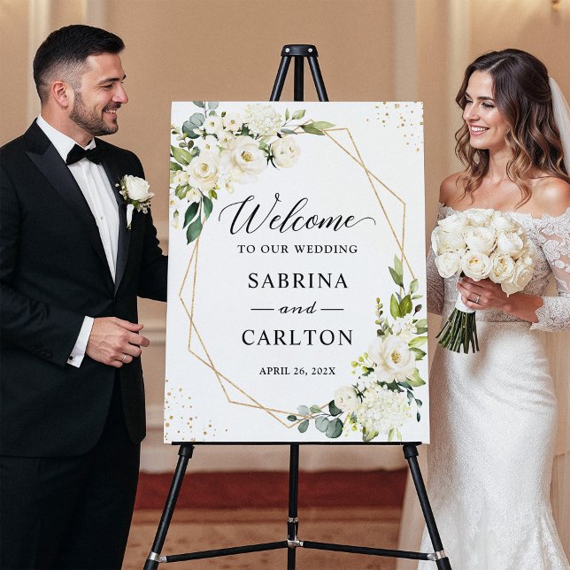 Trendy Greenery White Floral Wedding Welcome Foam Board (Creator Uploaded)