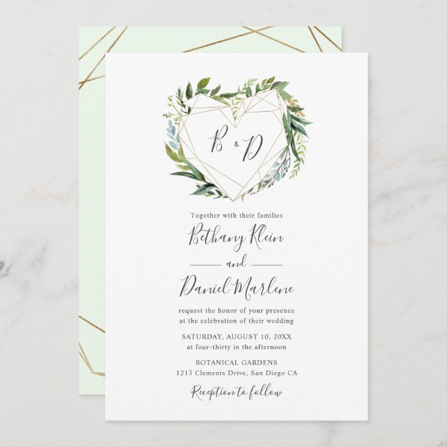 Trendy Greenery with Geometric Heart Wedding Invitation (Front/Back)
