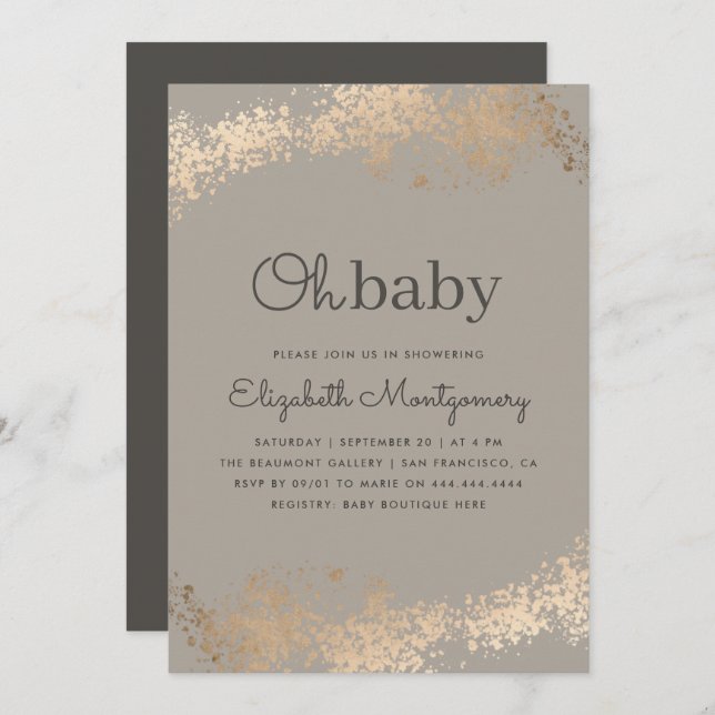 Trendy Greige & Gold Dust Oh Baby Shower Invitation (Front/Back)