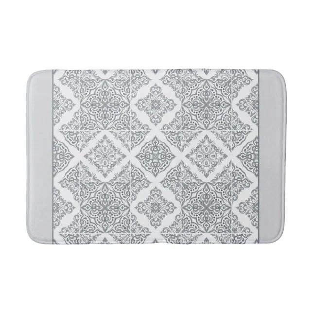 Trendy Grey and White Spanish Tiles Pattern Bath Mat | Zazzle