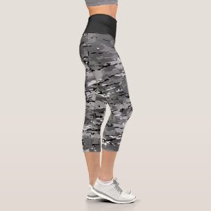 Trendy Grey Black Camouflage Capri Leggings