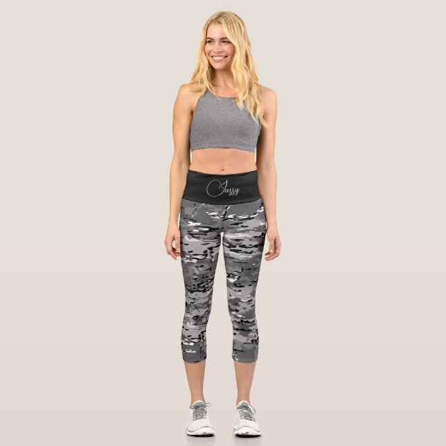 Trendy Grey Black Camouflage Personalized Capri Leggings (Front)