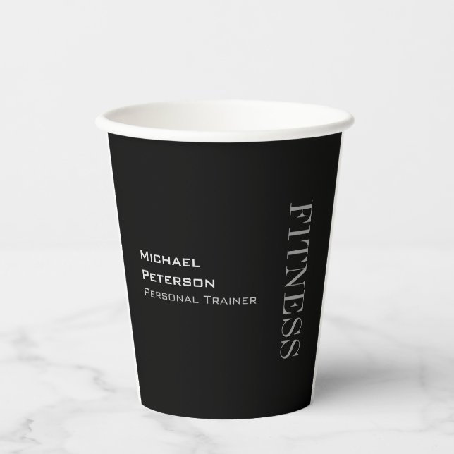 Trendy Grey Black Fitness Sport Add Name Paper Cups (Front)