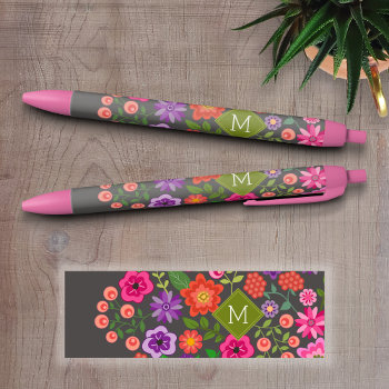 Trendy Grey Floral Pattern With Custom Monogram Black Ink Pen by icases at Zazzle