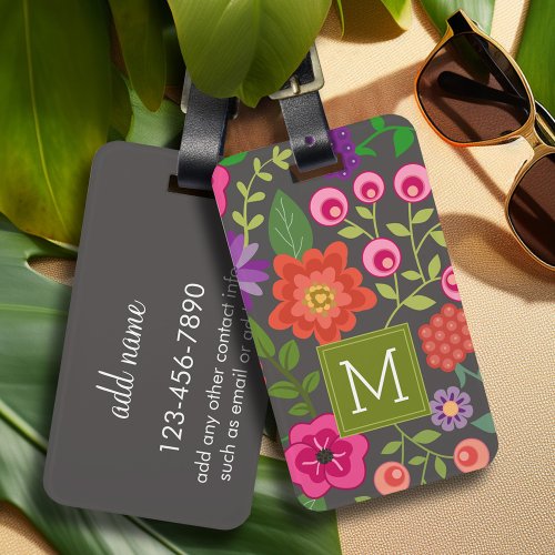 Trendy Grey Floral Pattern with Custom Monogram Luggage Tag