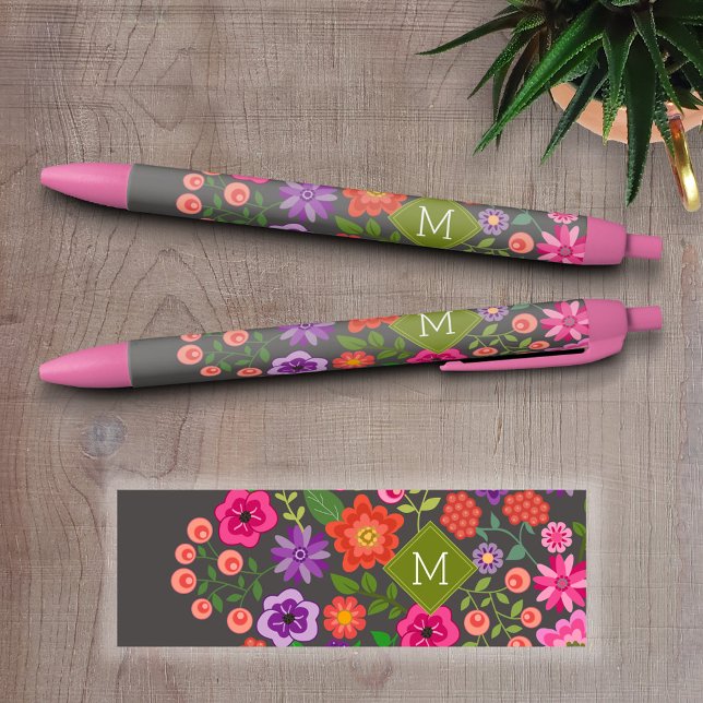 Trendy Grey Floral Pattern with Custom Monogram Pen (Personalized Writing Pens - add your name, monogram or other text)