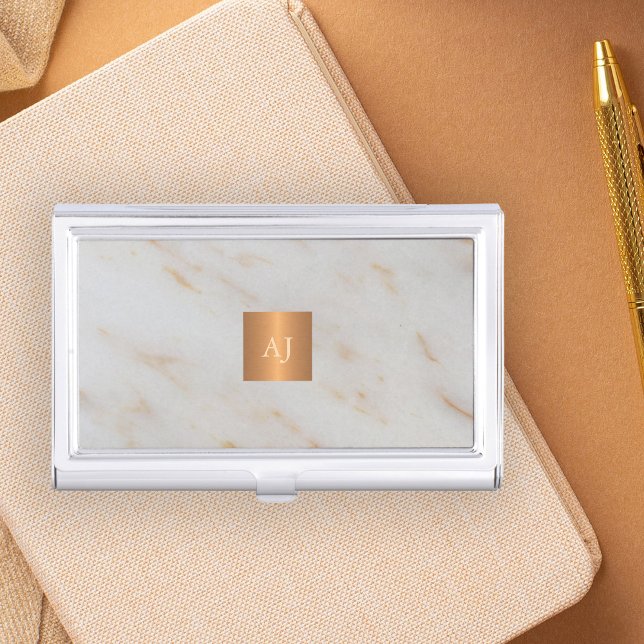 Trendy grey marble metallic copper square monogram business card holder (Creator Uploaded)