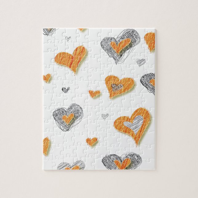 Trendy grey orange heart scribble pattern gifts jigsaw puzzle (Vertical)