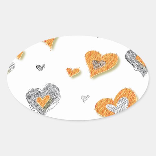 Trendy grey orange heart scribble pattern gifts oval sticker