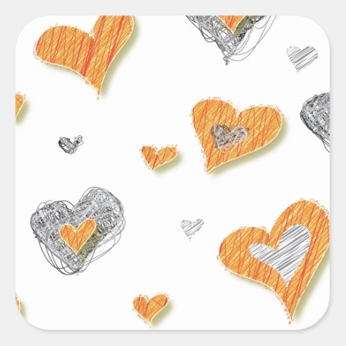 Trendy grey orange heart scribble pattern gifts square sticker