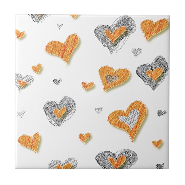 Trendy grey orange heart scribble pattern gifts tile (Front)