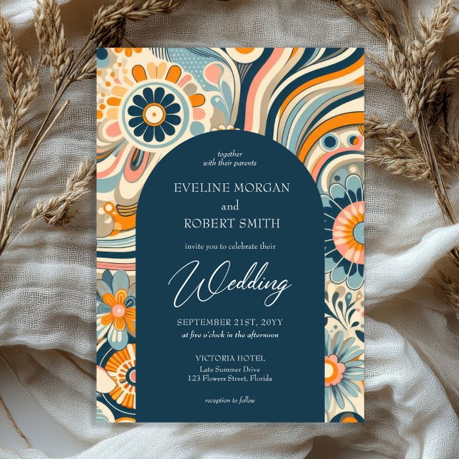Trendy groovy flowers navy orange blue arch invitation (trendy retro groovy flowers navy and orange blue arch wedding invitation)