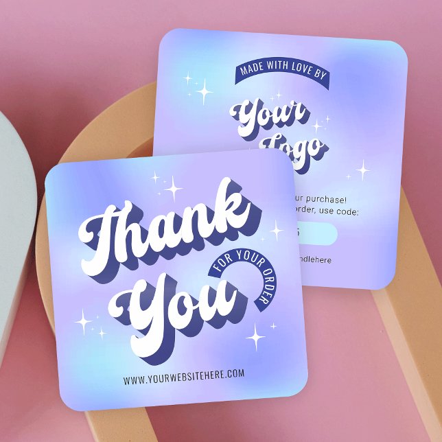 Trendy Groovy Holographic Business Thank You Card (Retro style thank you for order cards with groovy fonts in blue and purple)