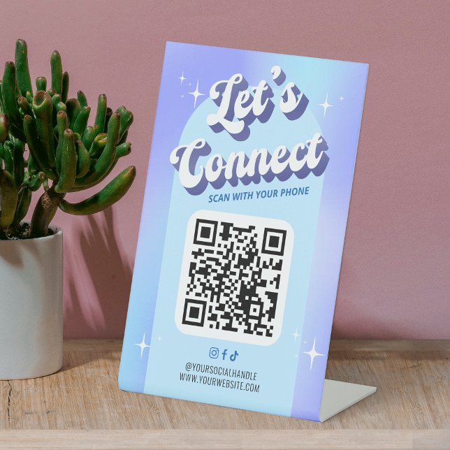 Trendy Groovy Holographic Let's Connect QR Code Pedestal Sign (Modern Social media QR code scannable pedestal sign in retro groovy design in blue and purple)