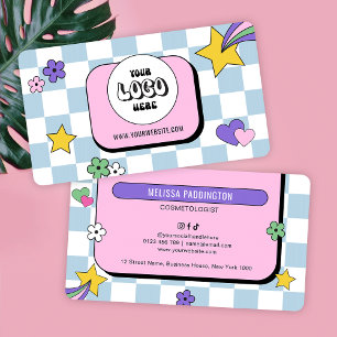 Trendy Groovy Logo Retro Blue Hairstylist Salon Business Card