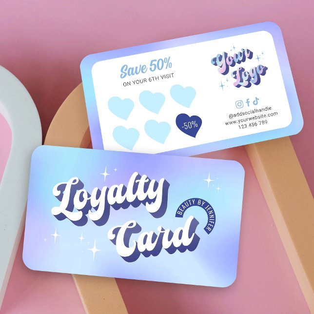 Trendy Groovy Retro Holographic Nails Makeup Salon Loyalty Card (Embrace the retro vibes with this groovy style loyalty card design in blue and purple)