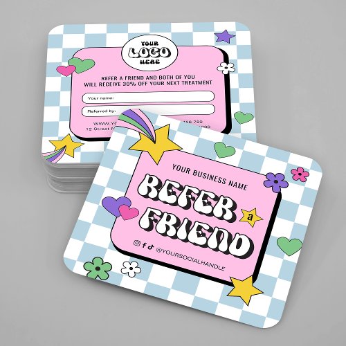 Trendy Groovy Retro Logo Blue Pink Refer A Friend Referral Card