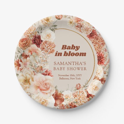 Trendy groovy terracotta blush autumn Baby Shower Paper Plates