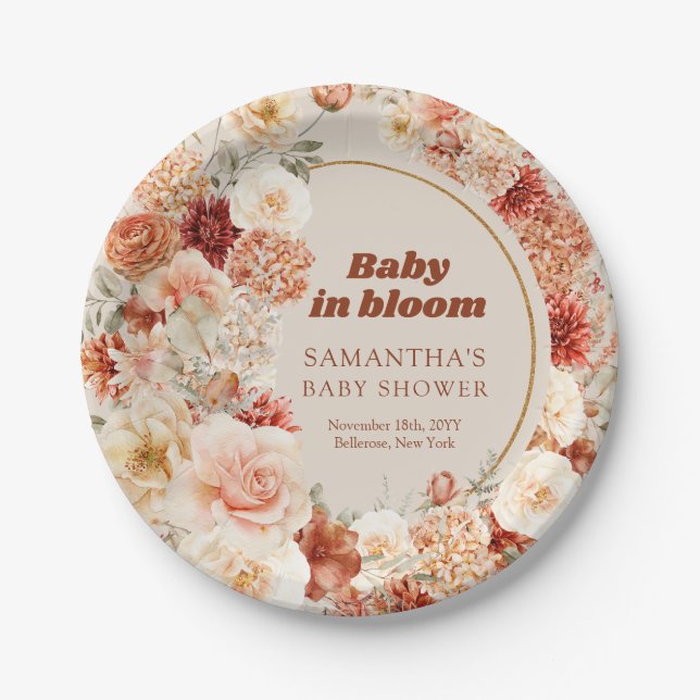 Trendy groovy terracotta blush autumn Baby Shower Paper Plates (Front)
