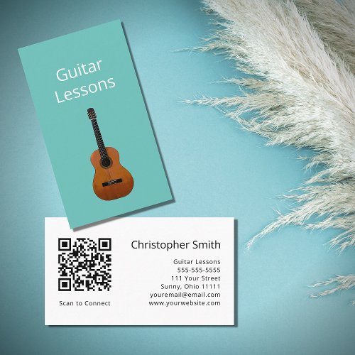 Trendy Guitar Lessons QR code Music Teacher Teal Business Card