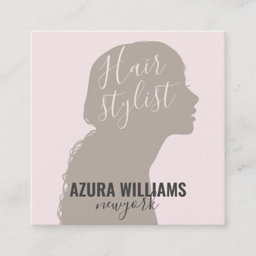 Trendy hair stylist blush pink elegant script chic square business card