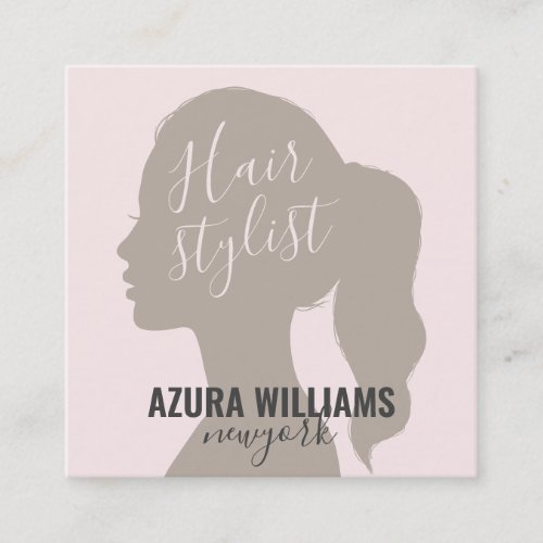 Trendy hair stylist blush pink minimal script logo square business card