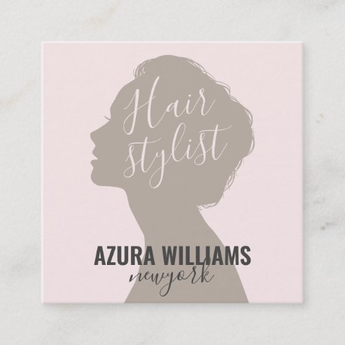 Trendy hair stylist blush pink modern script salon square business card