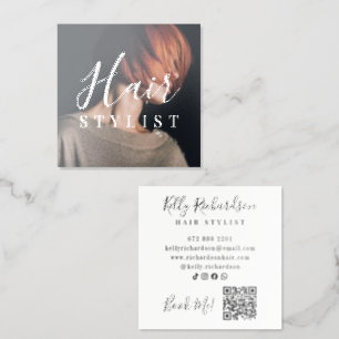 Trendy Hair Stylist Photo Gloss White Hairdresser Raised Spot UV Business Card