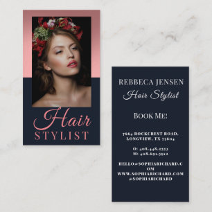 Trendy hair stylist Pink script hairdresser photo Business Card