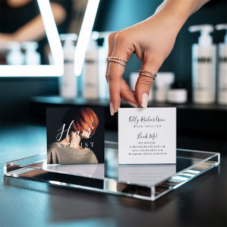 Trendy hair stylist white script hairdresser photo square business card