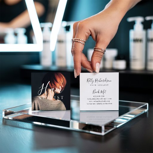 Customizable Trendy hair stylist white script hairdresser photo square business card