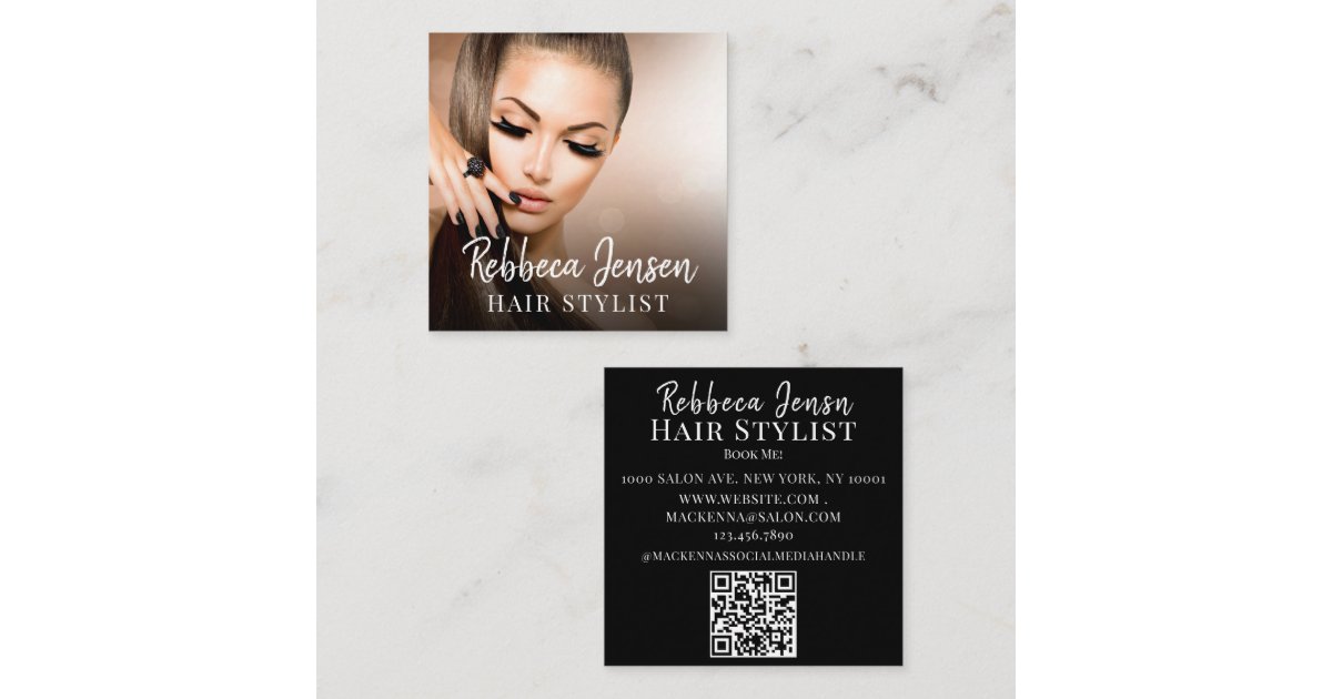 Trendy hair stylist white script hairdresser photo square business card ...