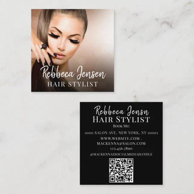 Trendy hair stylist white script hairdresser photo square business card ...