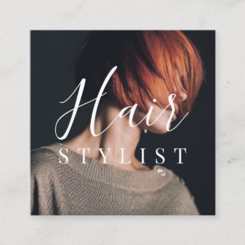 Trendy Hair Stylist White Script Hairdresser Photo Square Business Card by moodii at Zazzle