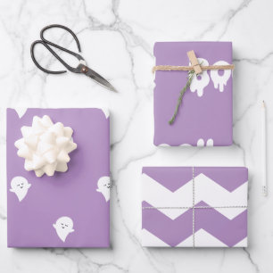 Trendy Halloween Cute Pastel Purple Boo Ghost 3 Wrapping Paper Sheets