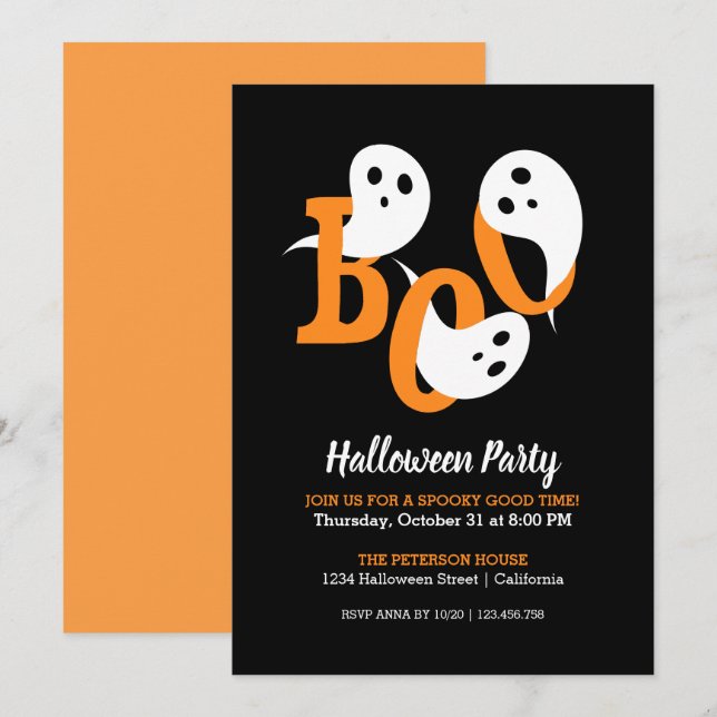 Trendy Halloween Party Boo Ghosts Black Invitation (Front/Back)