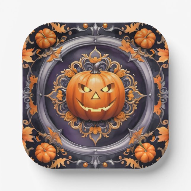 Trendy Halloween Pumpkin Autumn Collection Paper Plates (Front)