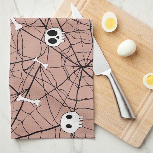Trendy Halloween Skulls , Bones and Web Kitchen Towel (Quarter Fold)