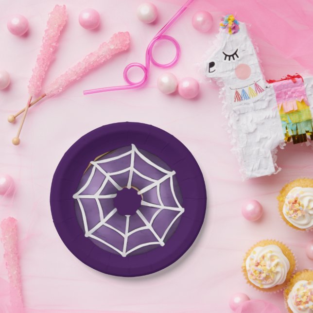 Trendy Halloween Spooky Purple Web Donut Party Paper Plates (Party)