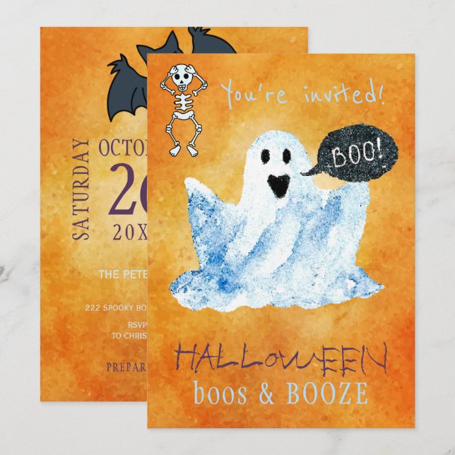 Trendy Halloween watercolor ghost boos booze party Invitation (Front/Back)