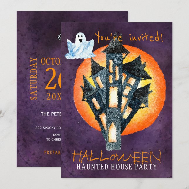 Trendy Halloween watercolor haunted house party Invitation (Front/Back)