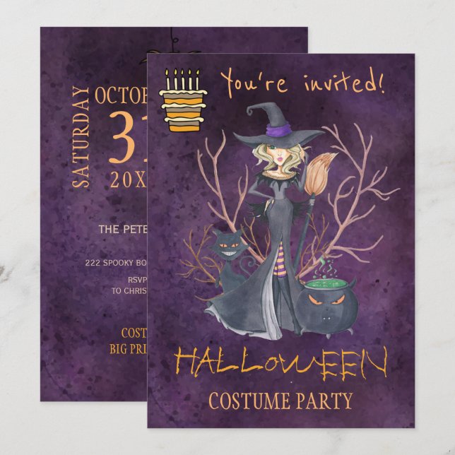Trendy Halloween watercolor witch costume party Invitation (Front/Back)