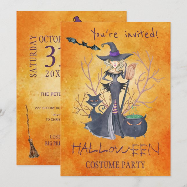 Trendy Halloween watercolor witch costume party Invitation (Front/Back)